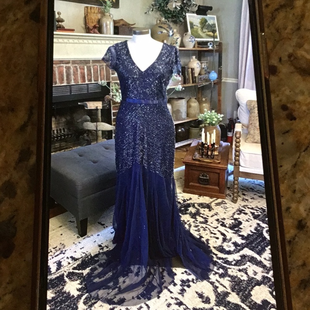 Adrianna Papell Sequined V Neck Gown
